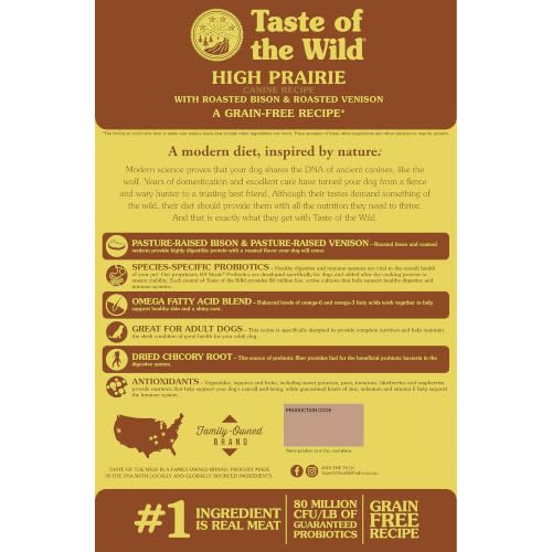 Taste of the Wild High Prairie Canine Grain-Free Recipe with Roasted Bison and Venison Adult Dry Dog Food, Made with High Protein from Real Meat and Guaranteed Nutrients and Probiotics 28lb | High Protein | Grain Free Recipe* | Nutrient Dense to Help Support Peak Health | Guaranteed Probiotics for Digestive Health
