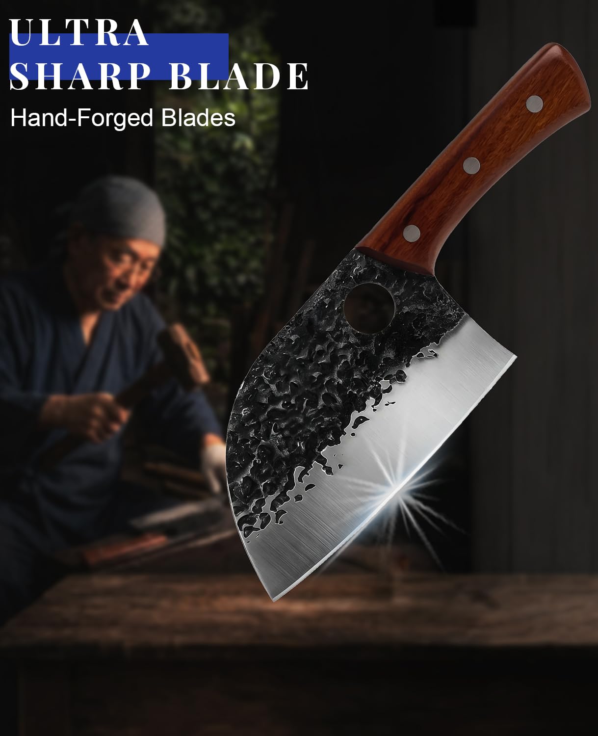 MOSFiATA Set 3 Coltelli da Macellaio, Insieme di Coltelli Serbi in Acciaio ad Alto Tenore di Carbonio per Carne, Dotato di Pratica Borsa Porta Utensili Portatile, Regalo Perfetto per Ogni Occasione