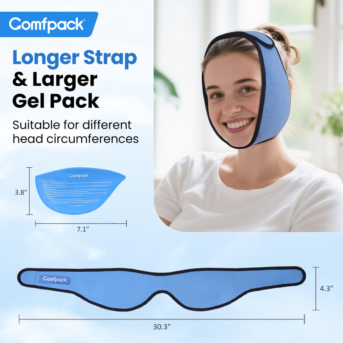 Comfpack Envoltura de hielo facial para alivio de la ATM con 4 paquetes reutilizables de gel frío y caliente, paquete de hielo para muelas del juicio, envoltura de cabeza para amigdalectomía