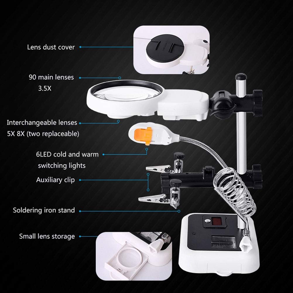96 lupa con luz LED, lupa manos libres con 6 lentes desmontables luz LED para joyería lupa y reparación electrónica