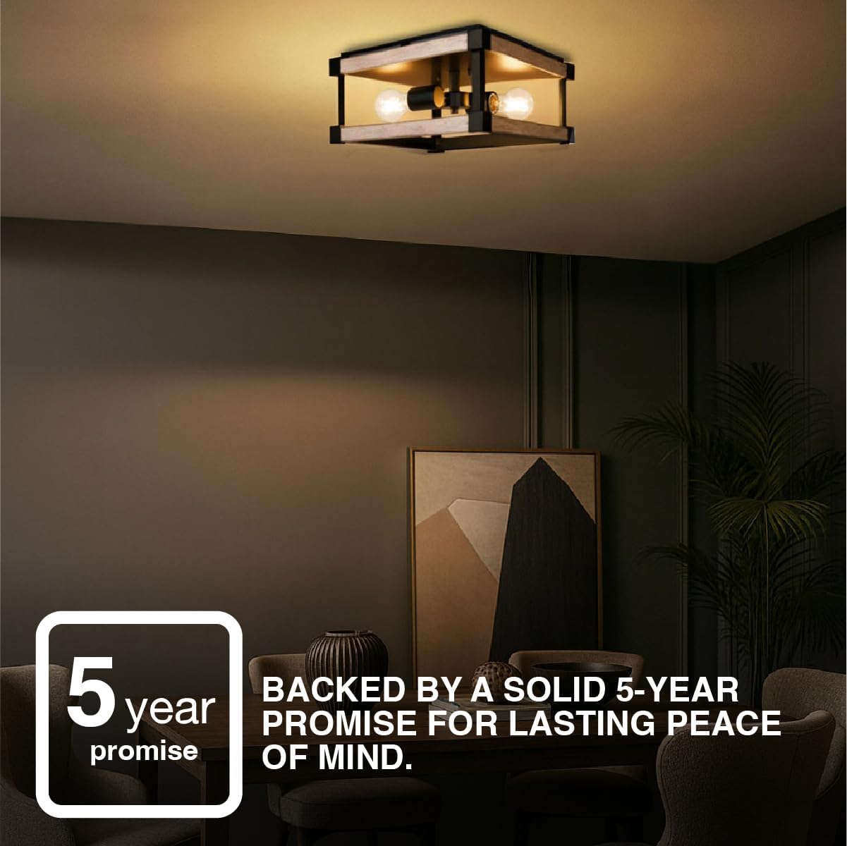 Sylvania 13" Flushmount Light Fixture with Night Light with 90 LMS, 2-Bulb, Hardwire, Indoor, Faux Wood/Black Matte - 1 Pack (63585)