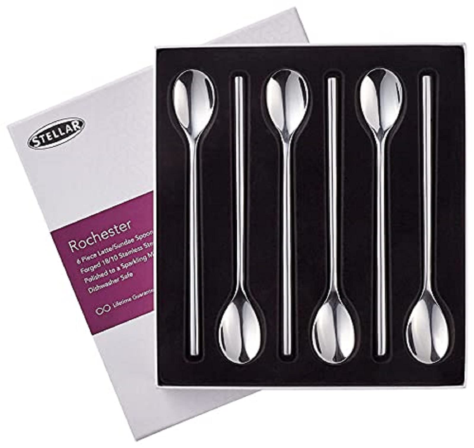 Stellar Latte Spoons Rochester Set Of 6 Stainless Steel Latte Or Sundae Spoons In Gift Box, Dishwasher Safe