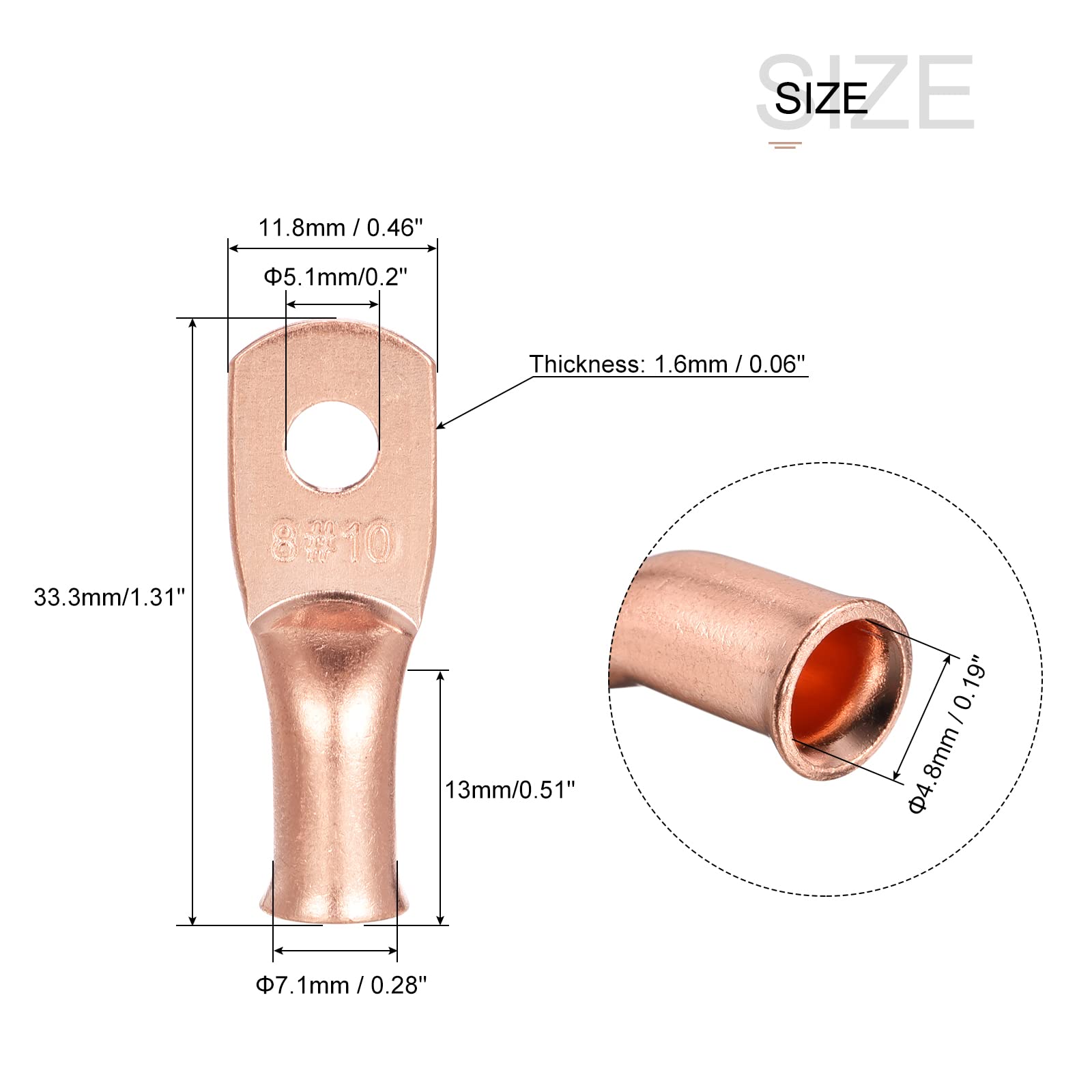MECCANIXITY Battery Cable Ends 0.2 inch 8 AWG Tubular Ring Terminals Closed End Crimp Connectors Bare Copper Eyelet 10 Pcs