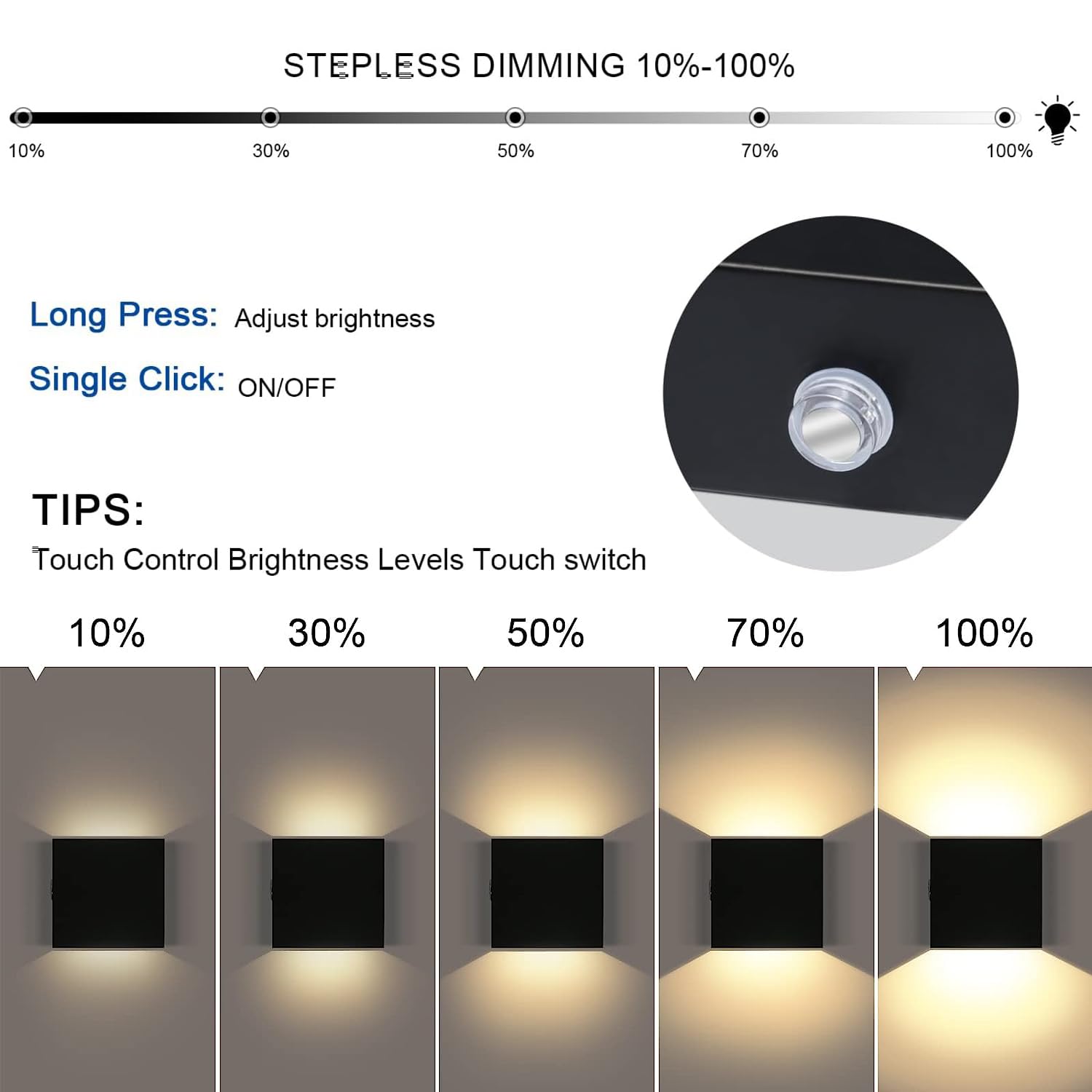 Dimmbare LED Wandleuchte mit Schalter, Aluminium Modern Up-Down Wandlampe, 3000K Warmweiß, Schwarz, 12x12cm, Innen Wandlicht für Wohnzimmer, Schlafzimmer, Flur, Badezimmer