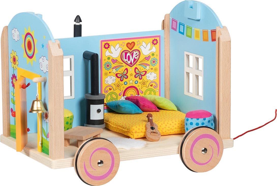 goki 51440 – Wohnwagen Spirit – 12-teiliges möbliertes hippes Puppenhaus-Mobil im Bauwagen-Style mit abnehmbaren Dach und Wänden