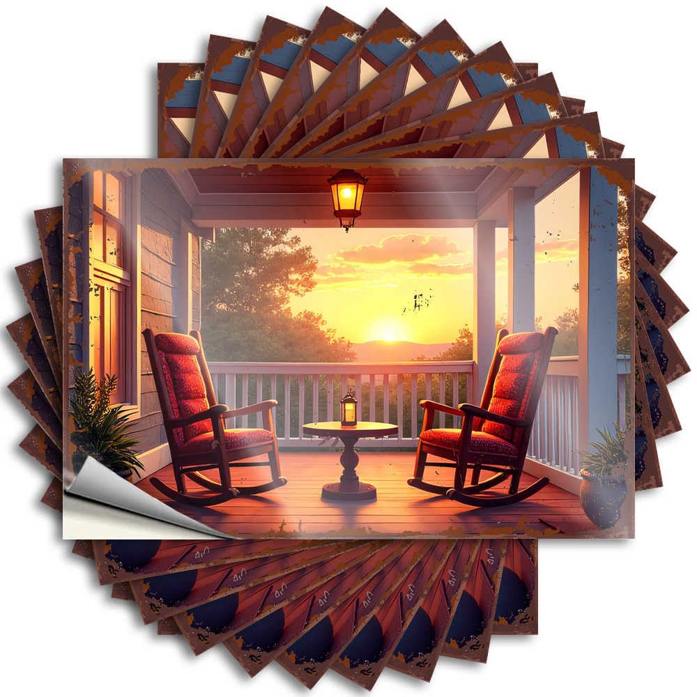 Sunset Serenity: Porch with Rocking Chairs and Lantern Summer Camper Decor - Decal Helmet Removable Vinyl Decal(8X12CM)