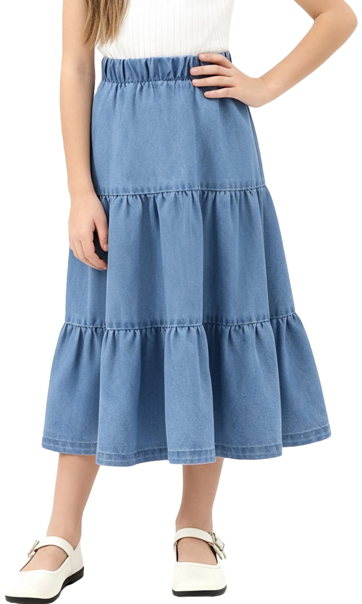 Gonna in denim elastica a vita alta con pieghe a balze a balze lunga swing maxi gonna di jeans vintage per bambini