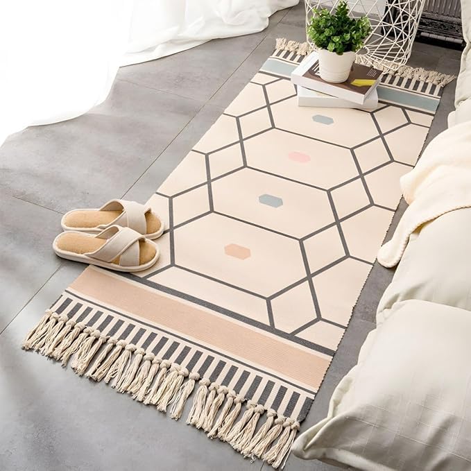 Image of Hand Woven 100% Natural Cotton Export Quality Designer Rug,Carpet, Bed Side Runner for Bedroom,Living Room, Size-2x5 feet or 60 cms x 152 cms (Box Design)