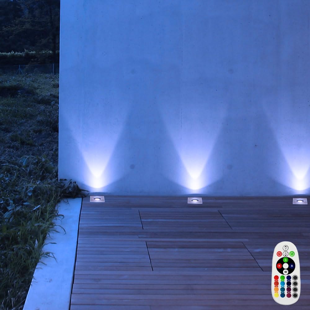 Bodeneinbaustrahler GU10 Terrassenboden Einbauspot Bodeneinbauleuchte Außen, Fernbedienung dimmbar, Edelstahl stoßfest, RGB LED 3,5W 290Lm, LxBxH 11x11x12 cm, 3er Set