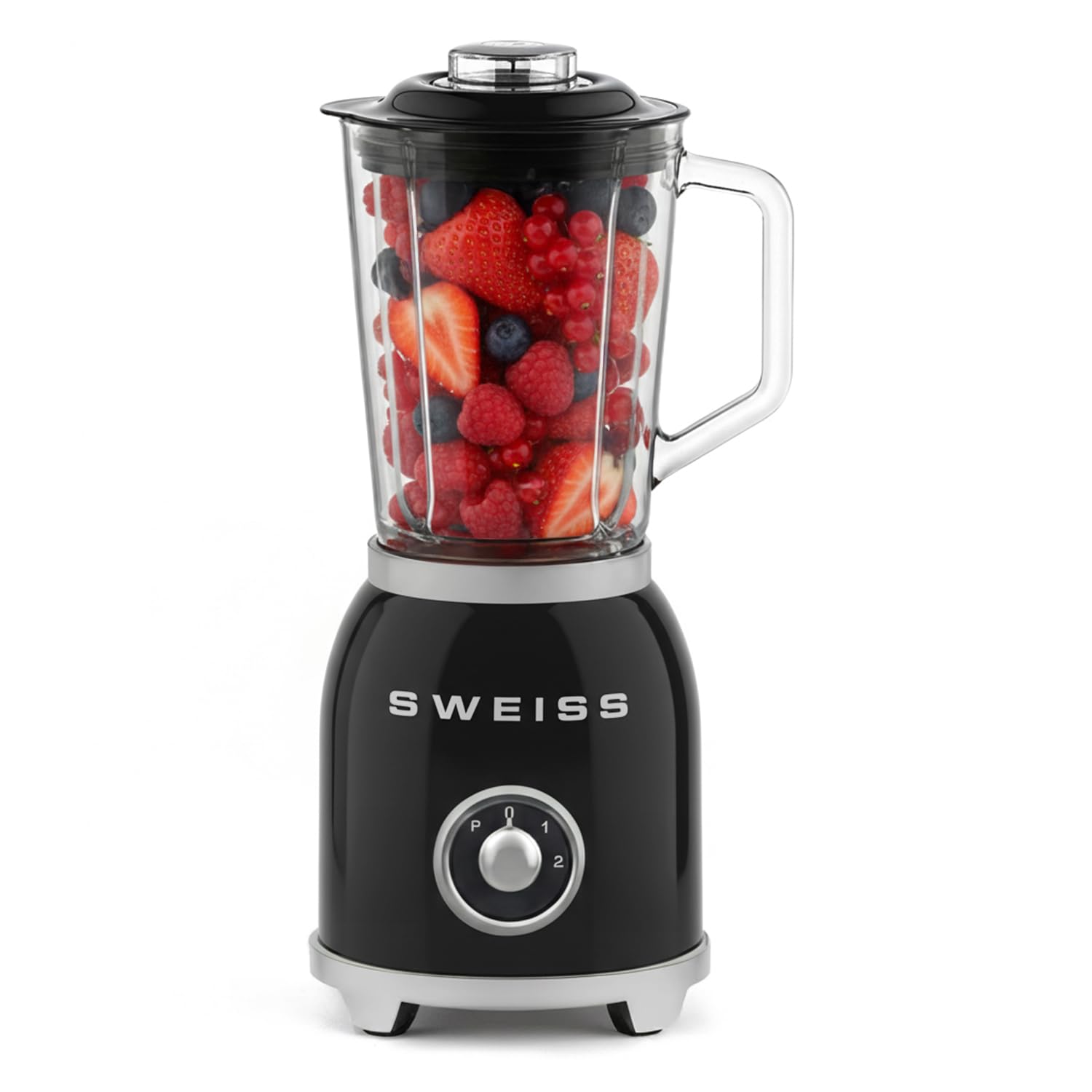 SWEISS Batidora de Vaso Vintage MXV9 – 1000 W, 2 Velocidades y Función Pulse, 6 Cuchillas de Acero Inoxidable, Jarra de Cristal 1,5 L, Base Antideslizante, Sistema de Seguridad, Color Negro