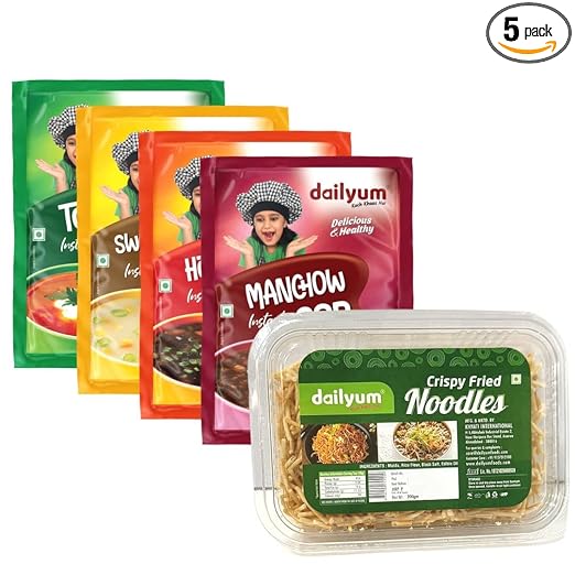 Instant Soup Combo Of 5 | Manchow Soup 50g | Sweet Corn Soup 50g | Tomato Soup 50g | Hot N Sour Soup 50g | Crispy Fried Noodles 200g | Natural | No MSG | Regular