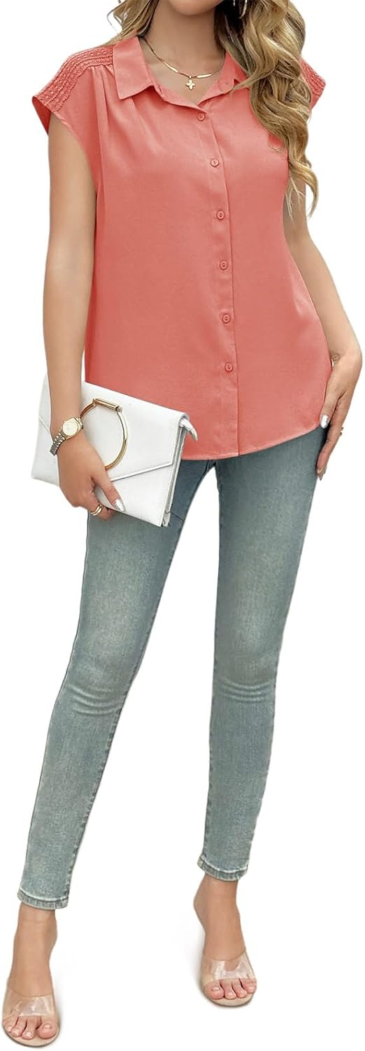 Yousify Womens Dressy Casual Tops Business Work Blouses Button Down Shirts Cap Sleeve V Neck Tshirt - Image 5