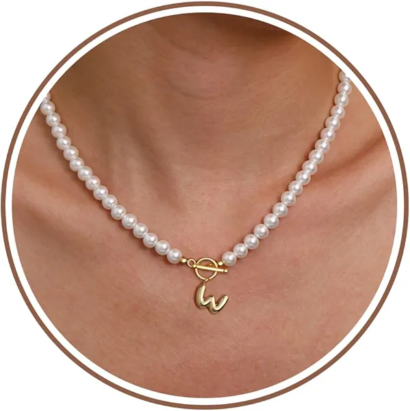 Pearl Necklaces for Women, Bubble A-Z Initial Necklace Gold Dainty Pearl Choker Necklace Anniversary Birthday Graduation Gifts for Her Teen Stocking Stufffers Christmas Jewelry