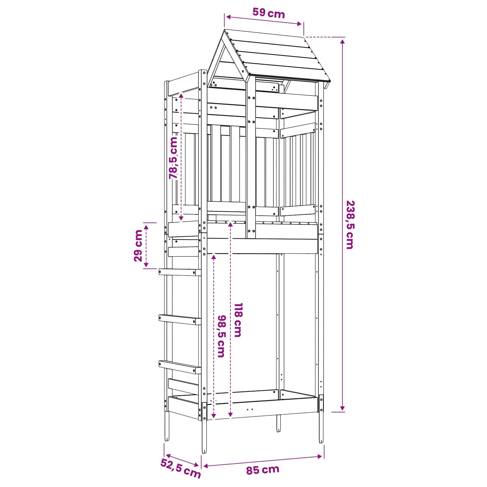 vidaXL Spielturm Braun 52,5 x 85 x 238 cm Massives Kiefernholz, Moderner Outdoor-Spielplatz, robuster Garten-Spielbereich, Abenteuer-Turm für Kids, Spaß im Hinterhof