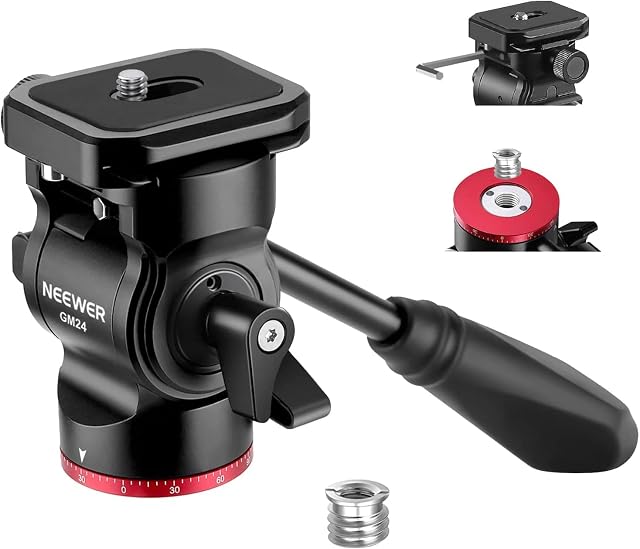 NEEWER Tilt de tête de tube de trépied avec plaque de libération rapide de type Arca et poignée, tête de panorama métallique avec base à échelle (⌀37mm) pour caméra vidéo compacte DSLR Caméra, Chargez jusqu'à 6.6lb, GM24 (Rouge)