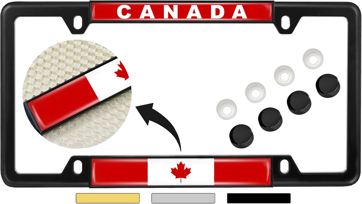 Canadian Flag - Domed Custom-Made Personalized Narrow (Thin) Top 4 Hole Metal Car License Plate Frame with Free caps - Chrome (Quantity: 1 Frame)