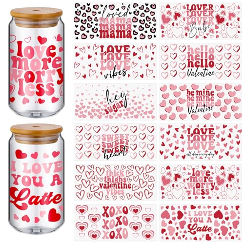 ReliThick 12 Sheets of Valentine's Day UV DTF Cup Wrap Transfer Sticker for Glass Valentine's Day Rub on Transfers for 16 oz Glass Cup Transfers for Furniture Waterproof Decals for DIY Crafts(Classic)
