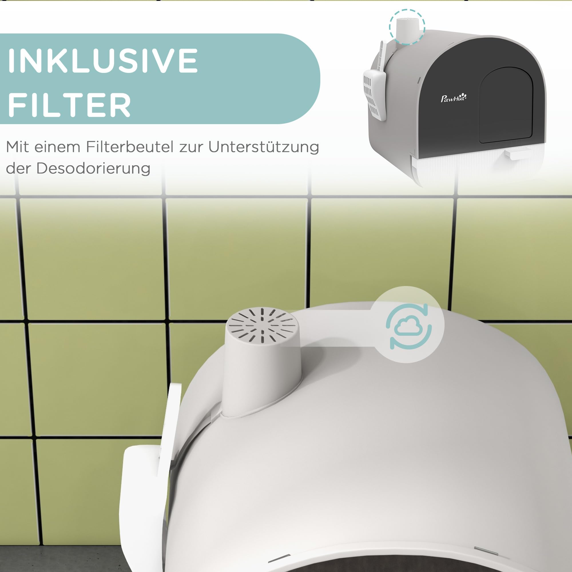 PawHut Katzentoilette mit Deckel für Kleine Katzen 43 x 44 x 47 cm Grau | Katzenklo, Cat Litter Box, mit Schaufel, Streu-Matte, Ausziehbares Tablett, Geruchskontrolle, Einfache Reinigung