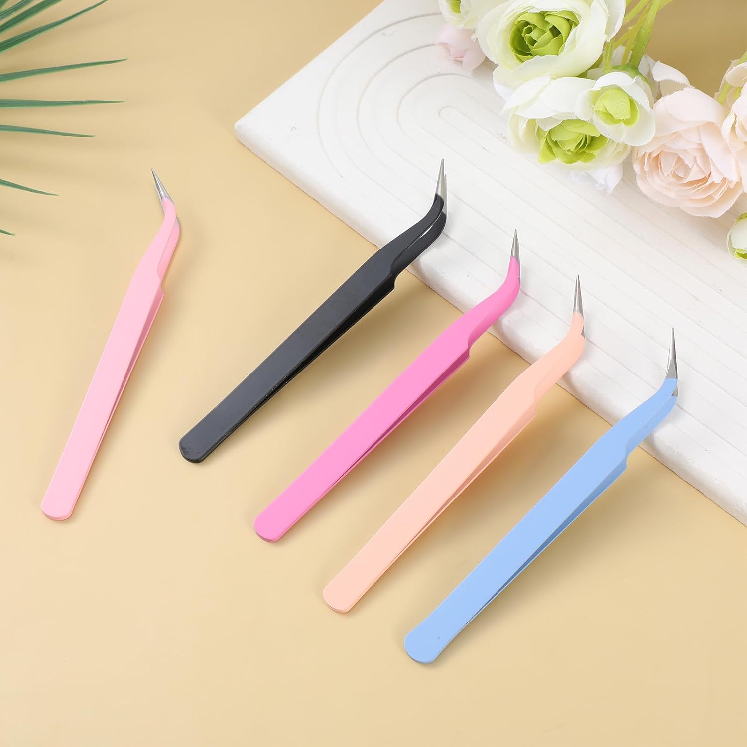 HJZHII 5 Pcs Curved Craft Tweezers, Stainless Steel Precision Tweezers Multipurpose Curved Tip Tweezer for Intricate Projects Eyelash Extension Scrapbooking Cardmaking Stickers Dried Flowers