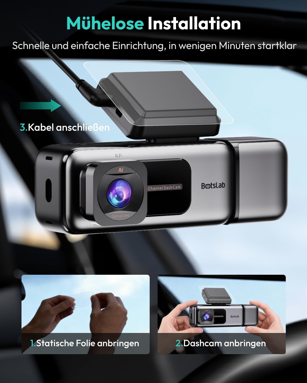BOTSLAB Dashcam Auto Vorne Innen 4K+1080P Dual Kamera mit Super IR Nachtsicht 3,18" IPS-Touchscreen App & Sprachsteuerung 5,8 GHz Wi-Fi GPS 24/7 Parküberwachung G-Sensor 512 GB Max