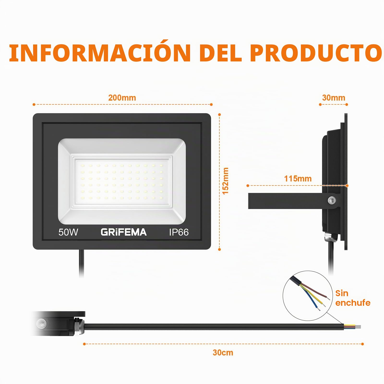 GRIFEMA Focos LED Exterior 50W, 5500LM Foco Proyector LED, 60 LED 6500K Blanco Frío Floodlight para Casa, Garaje, Patio, Camino, Jardín, Sin Enchufe (Paquete de 4)