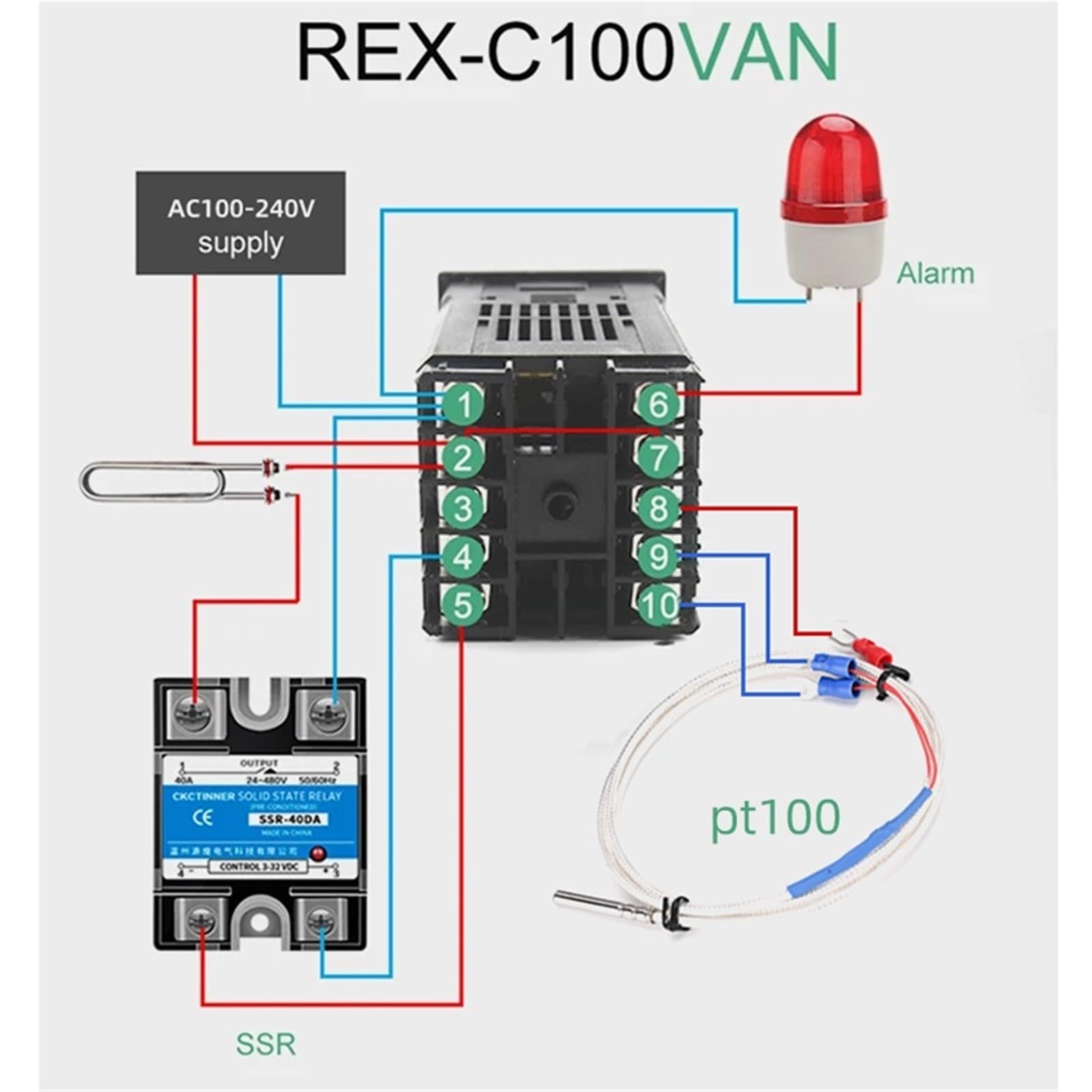 1 Uds REX-C100 controlador de temperatura PID AC110V-240V con SSR-40DA PT100 termopar disipador de calor relé de entrada o salida SSR(C100-V-AN PT100 SET2)