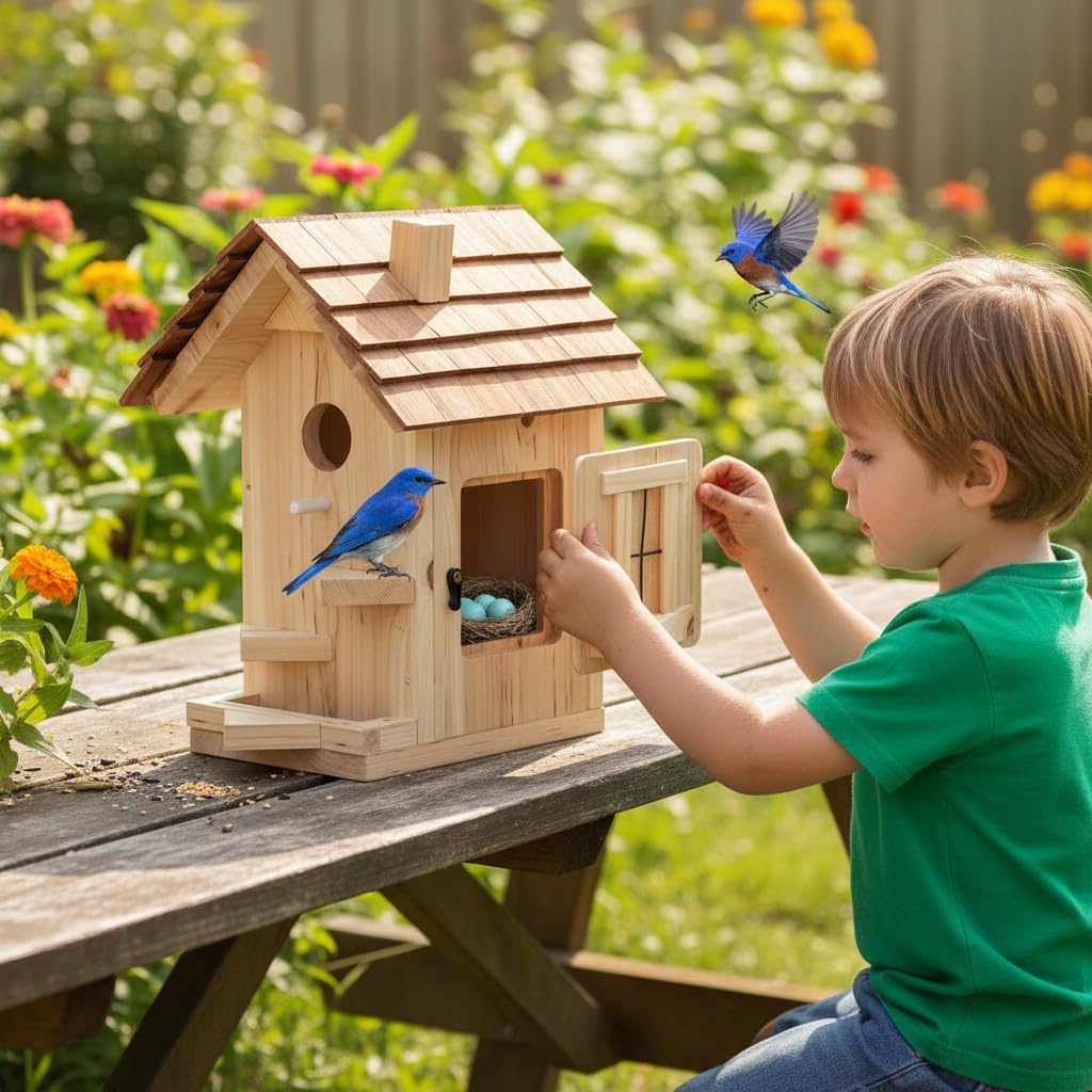 CEDAR ALPHA Large Bird Houses for Outside Clearance Wooden Bird House Kit - Bluebird House for Outside - Build it Yourself Birdhouse Kits for Adults to Build - Pole Mountable - Easy Open for Cleaning