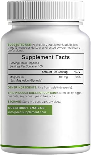 Miniatura 7 de Glicinato de magnesio 400 mg, 300 cápsulas | 100% quelado para una fácil absorción | Suplemento mineral esencial para la salud muscular, el sueño y
