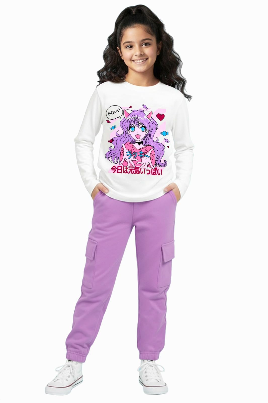 Trampoline Girls White T-Shirt & Purple Cargo Set | Cotton Blend | 4 Pocket Cargo Pants | Trendy Casual Outfit