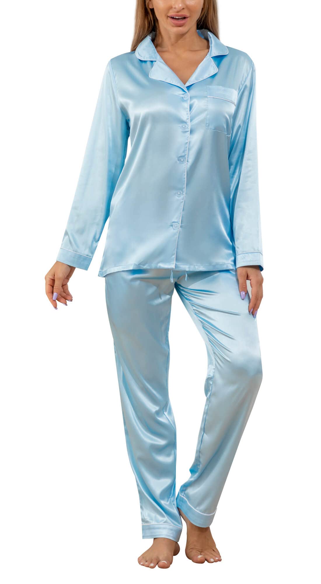 YIMANIEWomens Pajamas Silk Satin Pajama Sets for Women Soft Button Down Womens Loungewear Set with Pockets