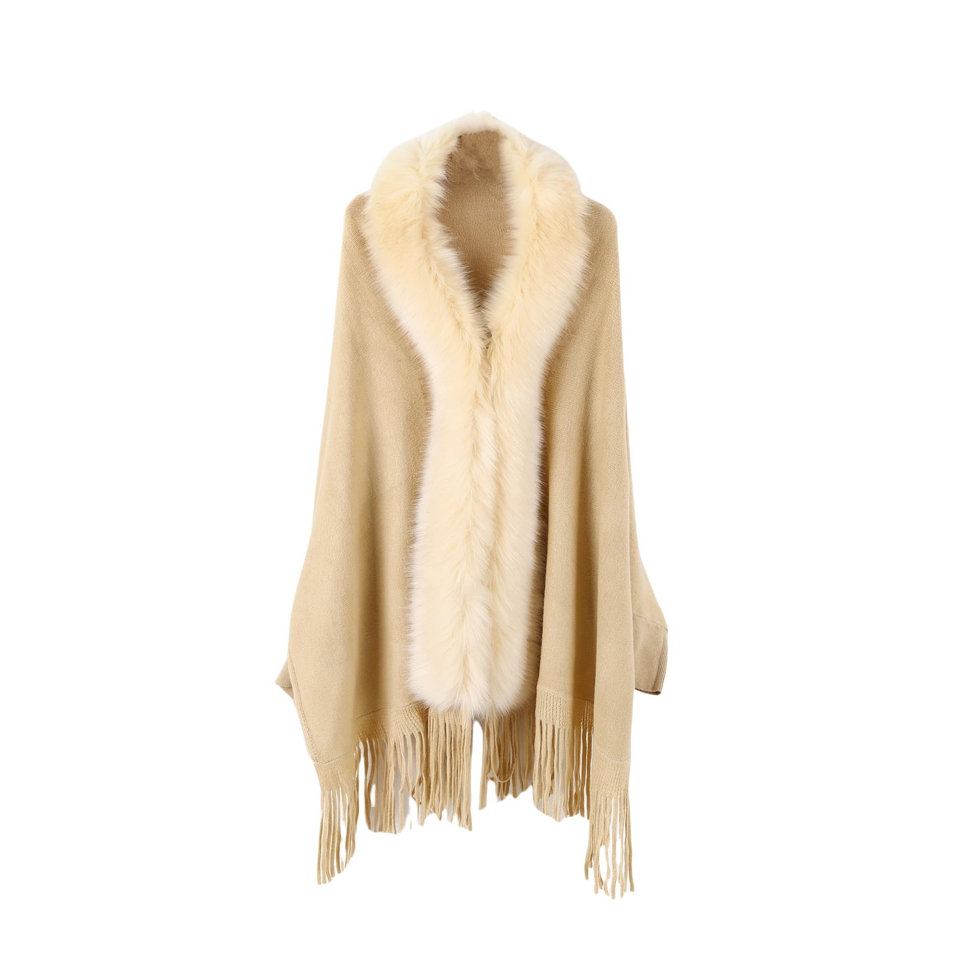 LIUYUYOUGO Knitted Poncho With Sleeves Women Knit Cape Cardigan Faux Fur Collar Shawl Coat Elegant Open Front Fringed Wrap Autumn Winter Soft Warm Knit Sweater Cloak Stole Beige