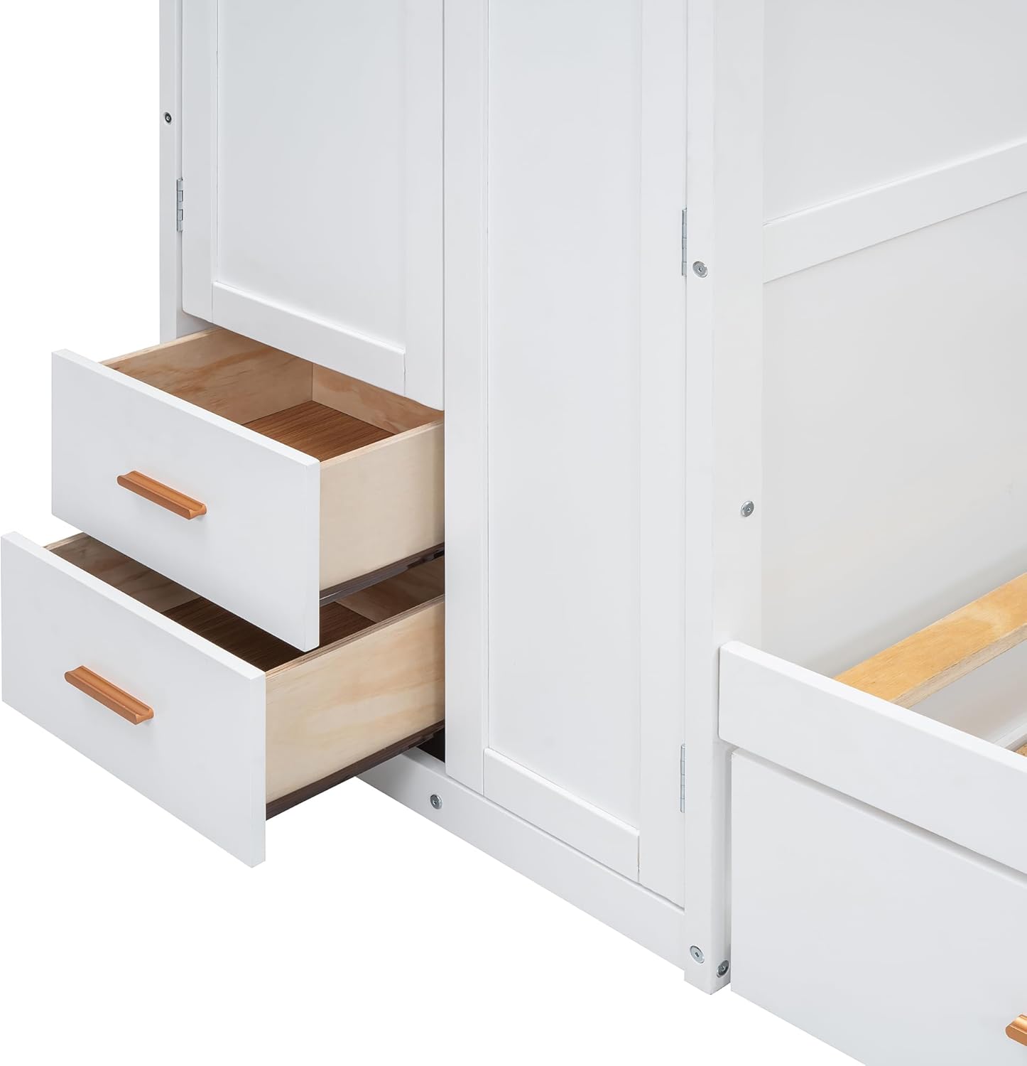 Open drawers within the wardrobe unit