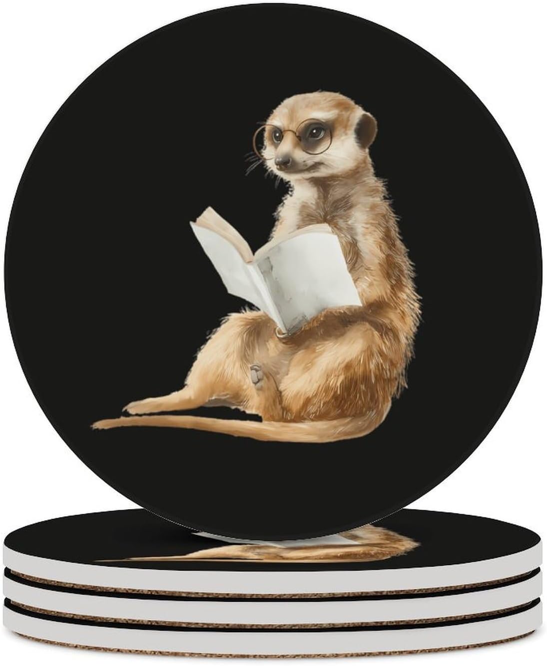 Watercolor Meerkat Reading Book Round Ceramic Coasters Print Drinks Absorbent with Cork Base for Home Decor Gifts 4 Inch
