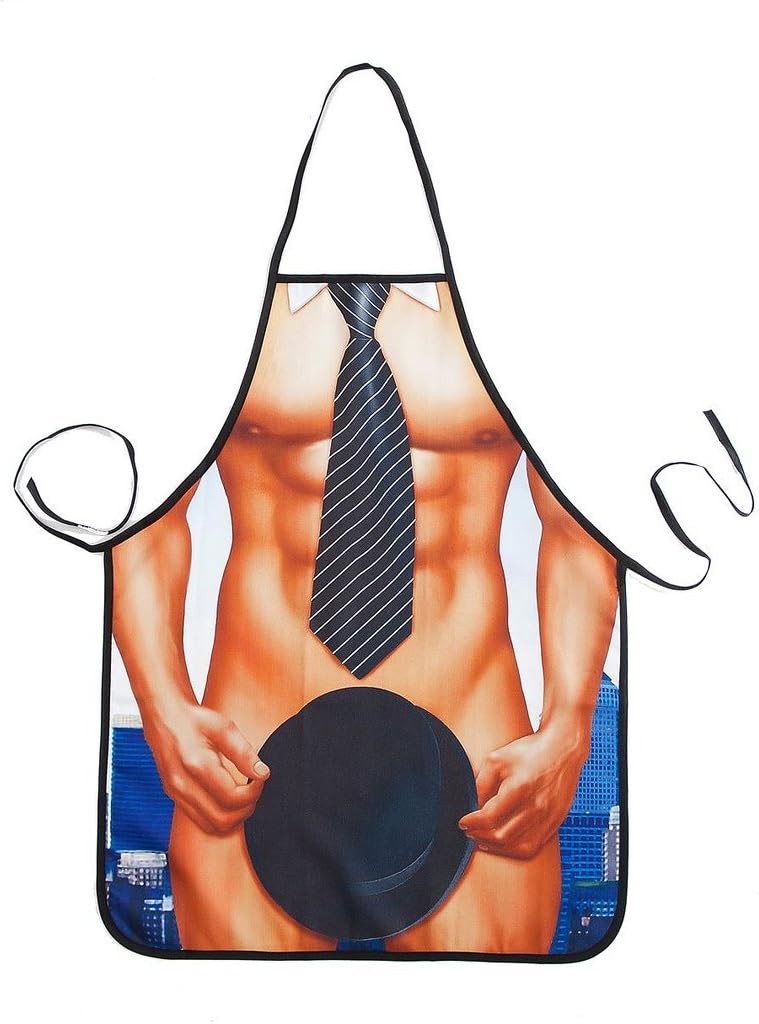 Sexy Naked Men Hats and Tie Pattern Kitchen Aprons Personality Stylish Valentine's Day Gift for Your Boyfriend and Husband One Size Fits Most