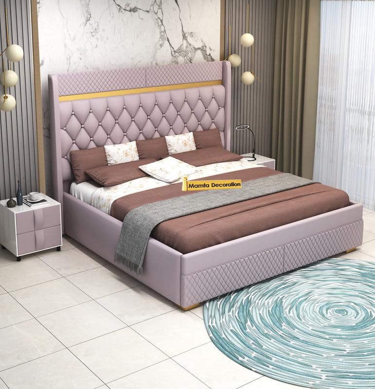 Image of MAMTA DECORATION Solid Wood King Size Bed with Box Storage | Premium Velvet Upholstered Tufted Headboard Palang Cot Bed | Modern Wooden Double Bed for Bedroom, Home, Hotel & Guest Room | Light Purple
