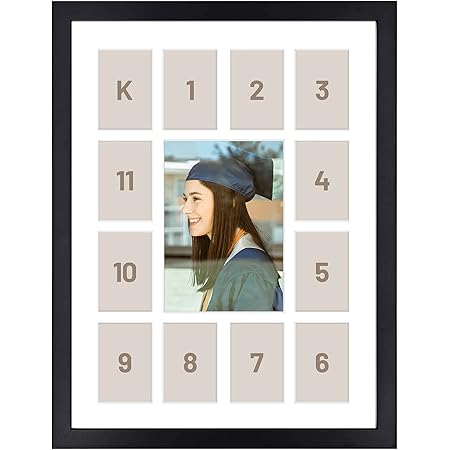 12x16 Black Wood Frame - 13 Opening White Mat - Displays One 5x7 Photo and Twelve 2.5x3.5 Pictures - Collage Frame - Real Glass, Sawtooth Hangers, Swivel Tabs - Wall Mounting, Landscape, Portrait