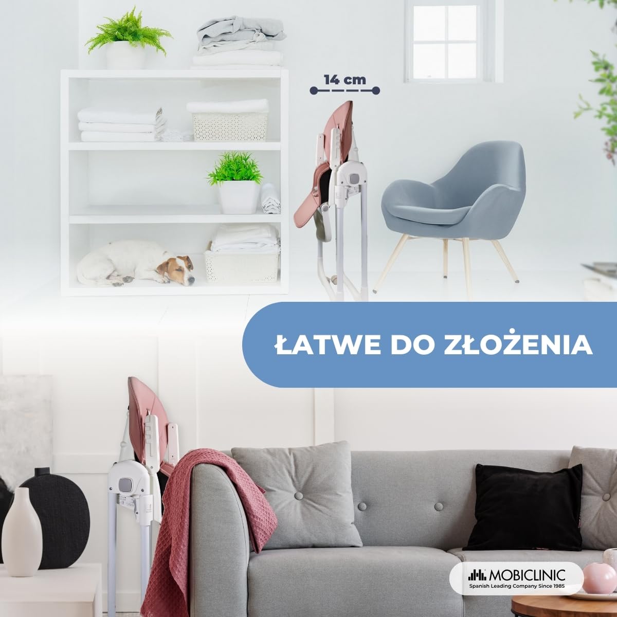 Mobiclinic®, Wysokie krzesełko dla dziecka, Evolutive, Dodatkowe składanie, Możliwość przekształcenia w krzesełko, Simba, 5-punktowe, Kółka z hamulcami, Podwójna wyjmowana tacka