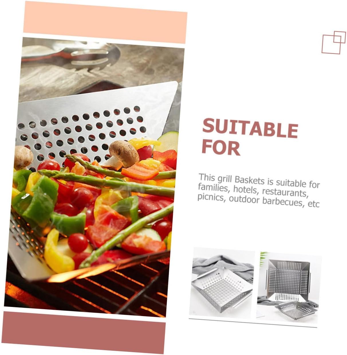 2pcs Stainless Steel Bbq Grill Baskets for Vegetables and Meat, 8-inch Small 12-inch Large, Outdoor Cooking Tool for Camping and Backyard Grilling