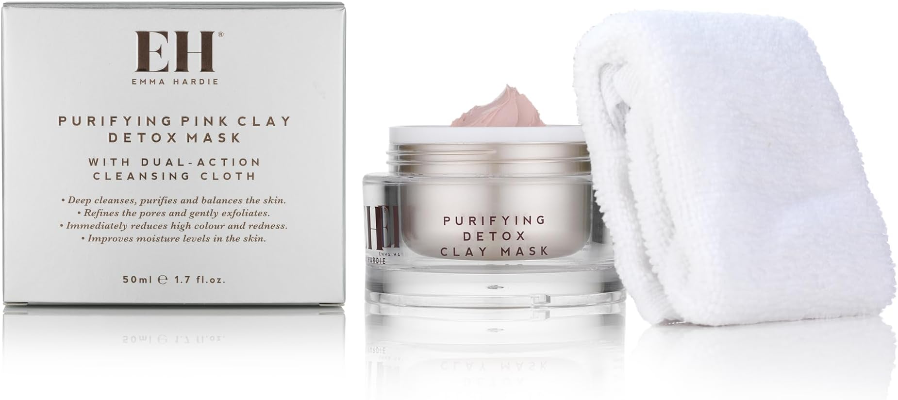 50ml Purifying Pink Clay Detox Mask with Cleansing Cloth, Use to Cleanse, Balance, Exfoliate & Rejuvenate Skin, Suitable for Most Skin Types, Including Sensitive Skin, Vegan & Cruelty Free