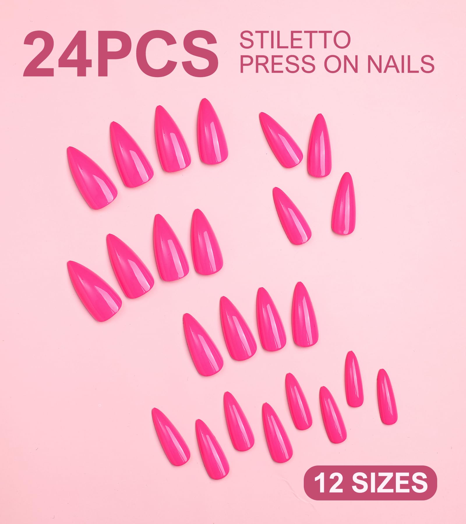 Morily Lot de 24 faux ongles à presser - Rose vif - Taille moyenne - Faux ongles brillants - Couvrance complète - Pour femme