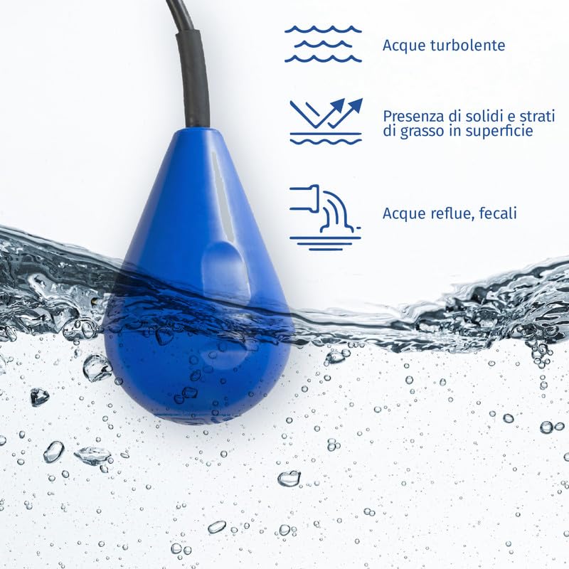 Schwimmerschalter E-FLY 10 m, Pegelschalter für Abwasser, Schmutzwasser und turbulente Flüssigkeiten, Niveauregler Made in Italy für Pumpen und Hebeanlagen