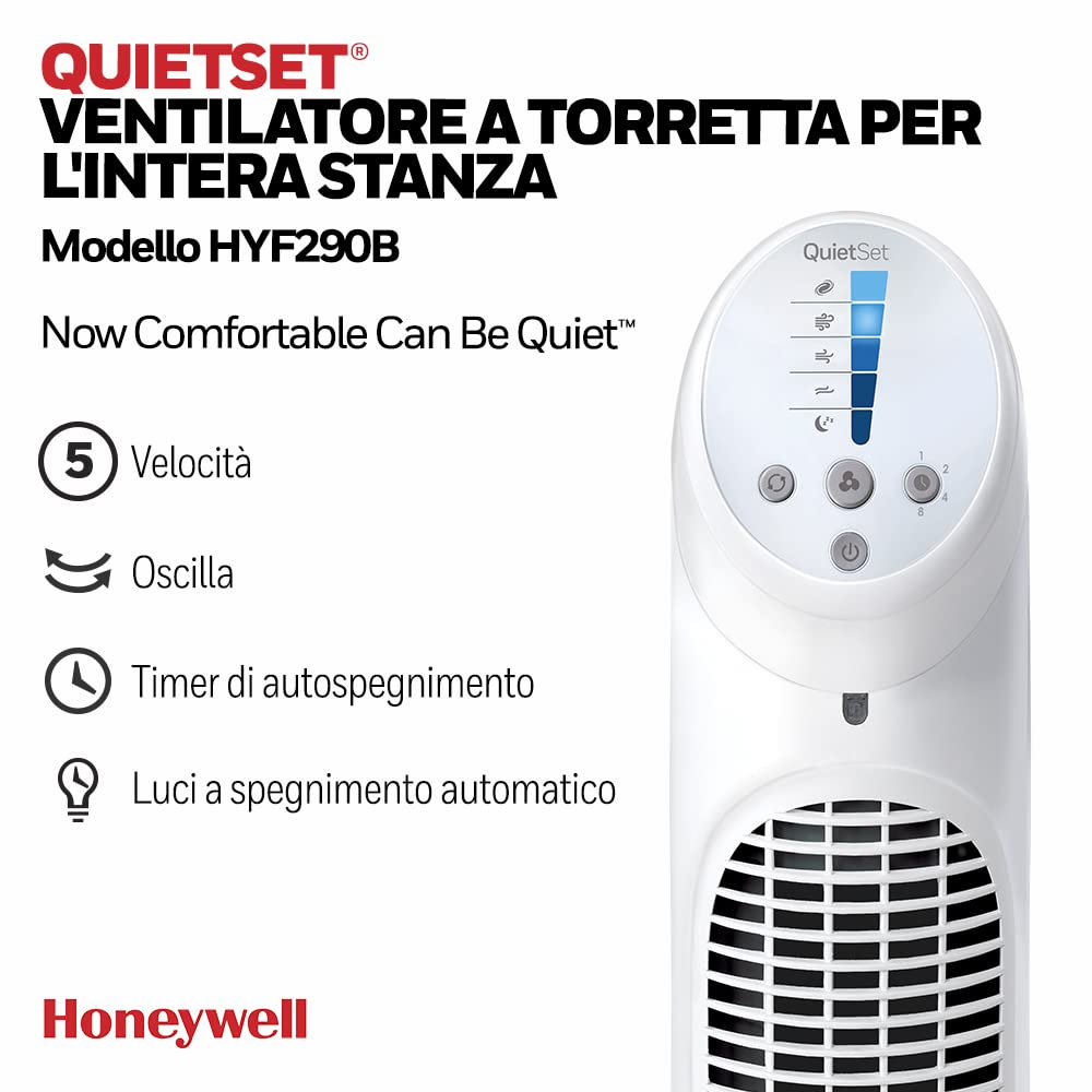 Ventilatore a torre oscillante per l'intera stanza Honeywell QuietSet (5 impostazioni di velocità, oscillazione a 80°, timer, luci a spegnimento automatico, telecomando) HYF260