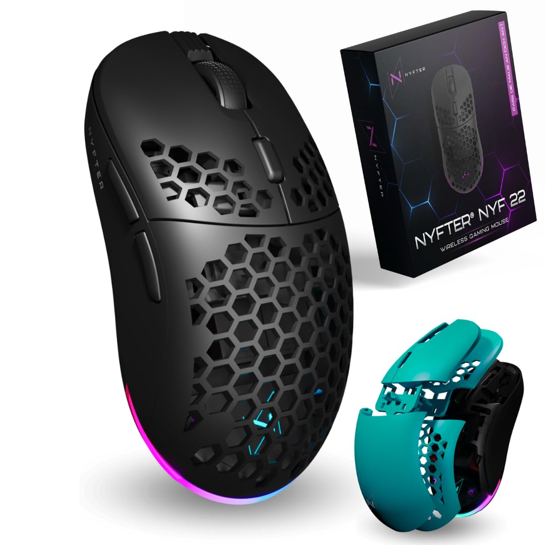 Nyfter - NYF22 Turquesa Negro Wireless Gaming Gen2 Mouse Ultraligero 75 g Potente con 400 mA 19K DPI, 400 IPS 1000 Hz 50 h Duración de la batería Duradera Dos Cases intercambiables Incluye