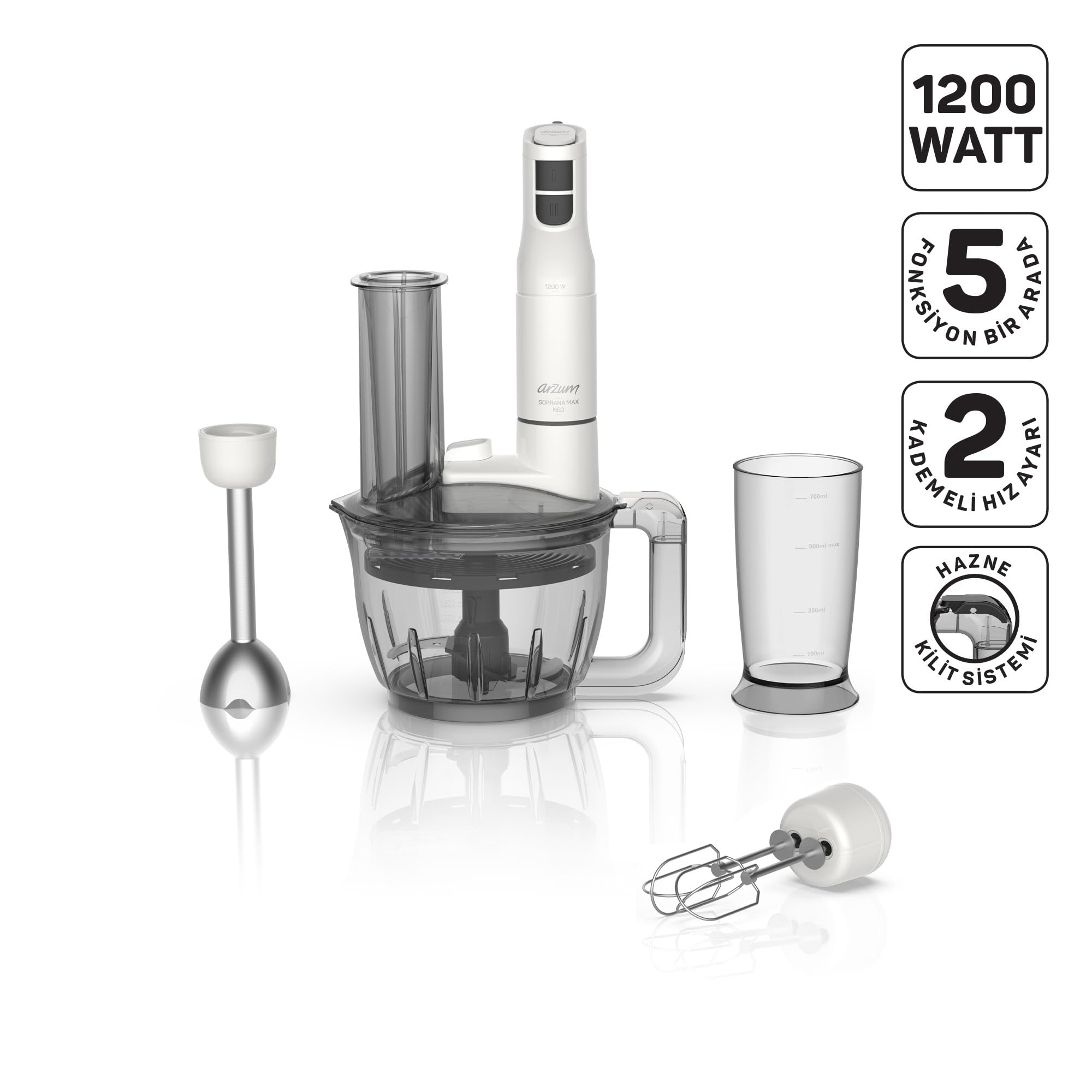 Arzum AR1187 Soprano Max Neo Multi Blender Seti 5 Fonksiyonlu 1200W, Beyaz