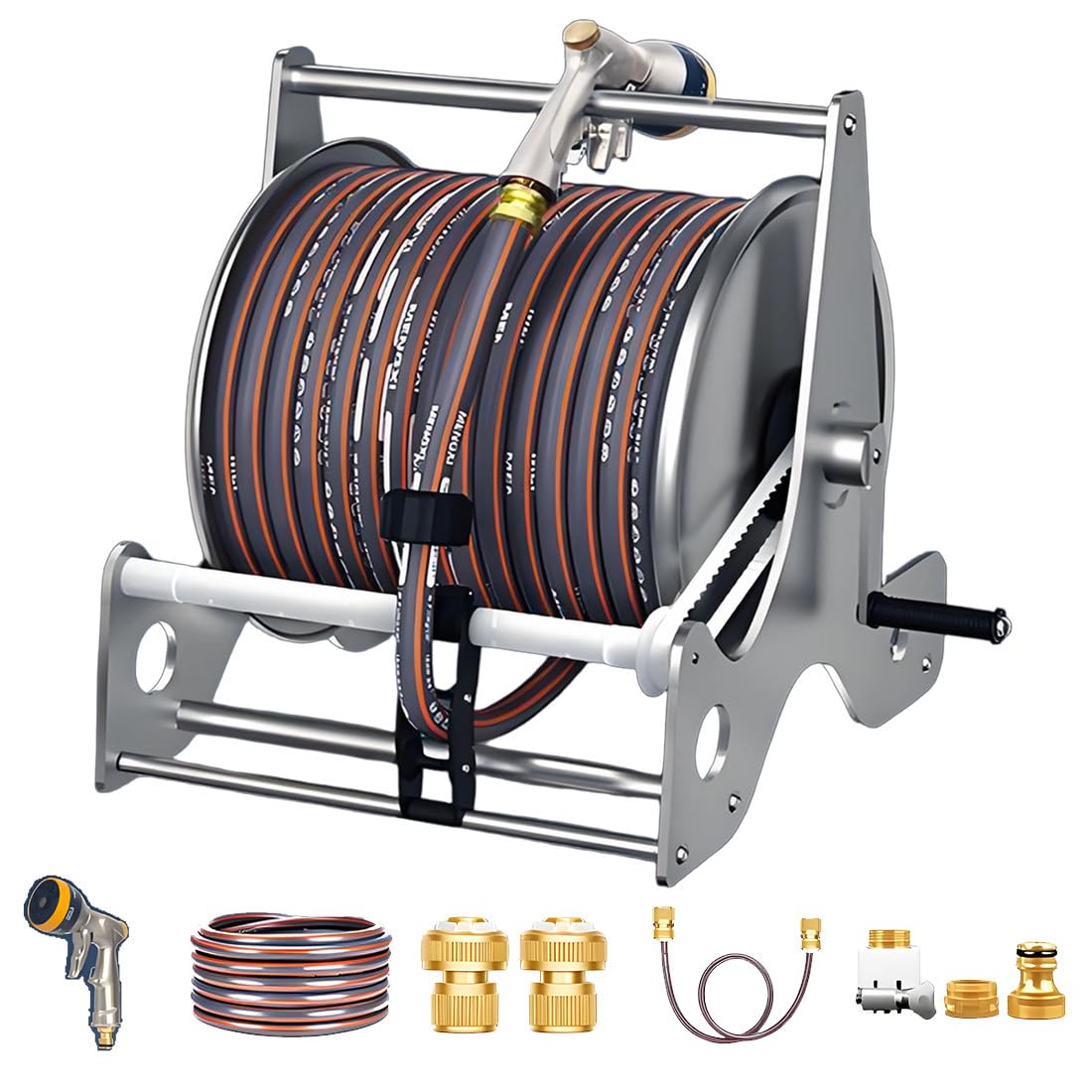 Qiancruxtacy B Portable Garden Hose Reel Cart With Wall Mount Racket & Floor Stand, With Smooth Recoil Guide, Rass Connectors, High Pressure Water Gun For Outdoor Yard, Garage & Farm Irrigation -10M