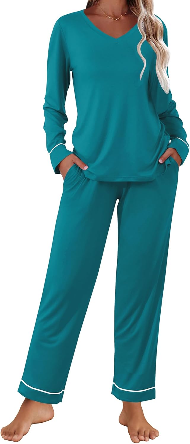 Ekouaer Womens Pajama Sets 2 piece Lounge Sets for Women V-neck Long Sleeve Top and Elastic Waist Pants with Pockets