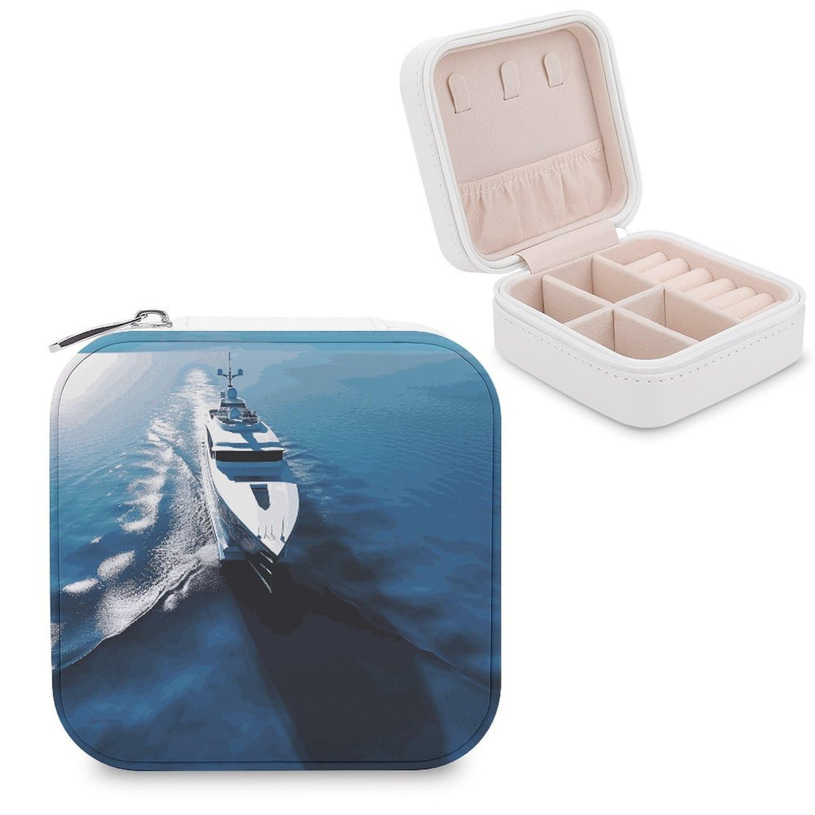 MUSM Yacht Travel Jewelry Case Personalized PU Leather Jewelry Boxes for Women Small Portable Jewelry Organizer Box Cute Trinket Box for Necklaces Rings Earrings & Gifts