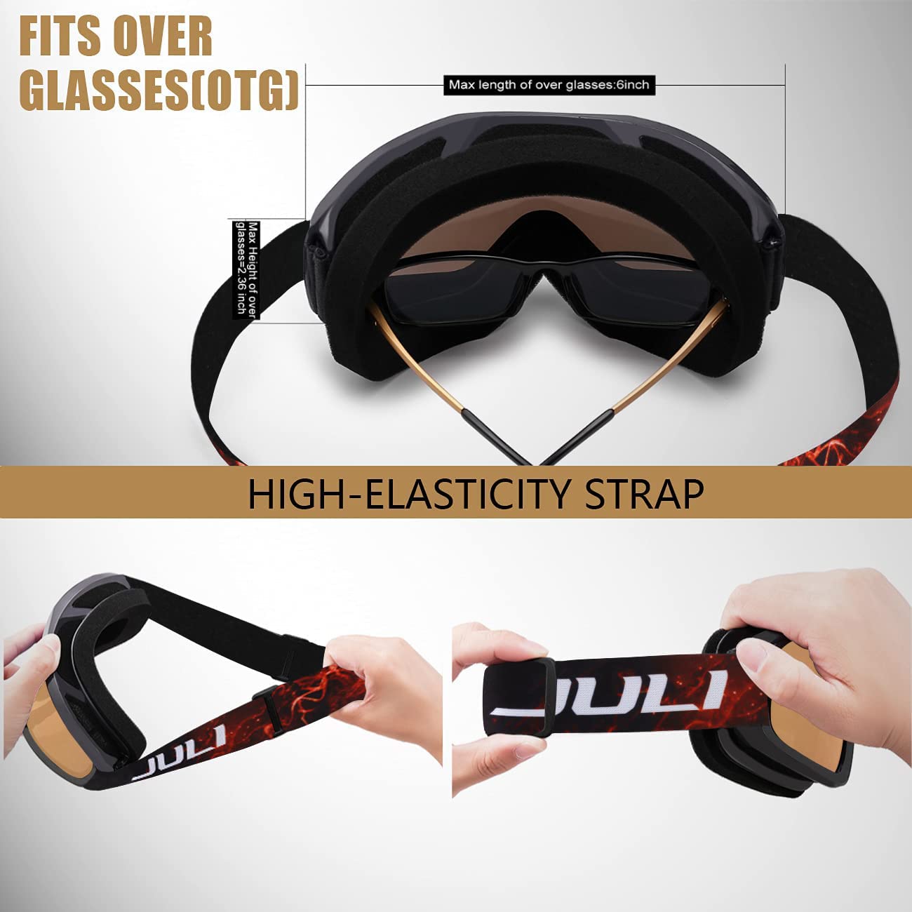 JULI - Occhiali da sci e snowboard per uomini, donne e giovani, protezione 100% UV e anti-appannamento, doppia lente (montatura nera + lente rossa VLT 13%)