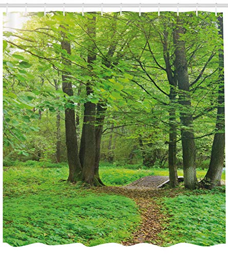 ABAKUHAUS Nature Shower Curtain, Summer Season Forest with Flourishing Trees Grass and Pathway Tranquil Scenery, 70 Inches - Image 2