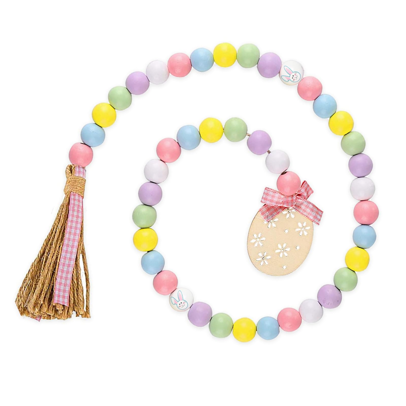 Easter Wood Bead Garland, Spring Bead Garland Decoration with Jute Rope Plaid Tassel Farmhouse Rustic Garlands for Tiered Tray Decor Easter Party Holiday Wall Hanging Basket Décor, Egg Tag 33